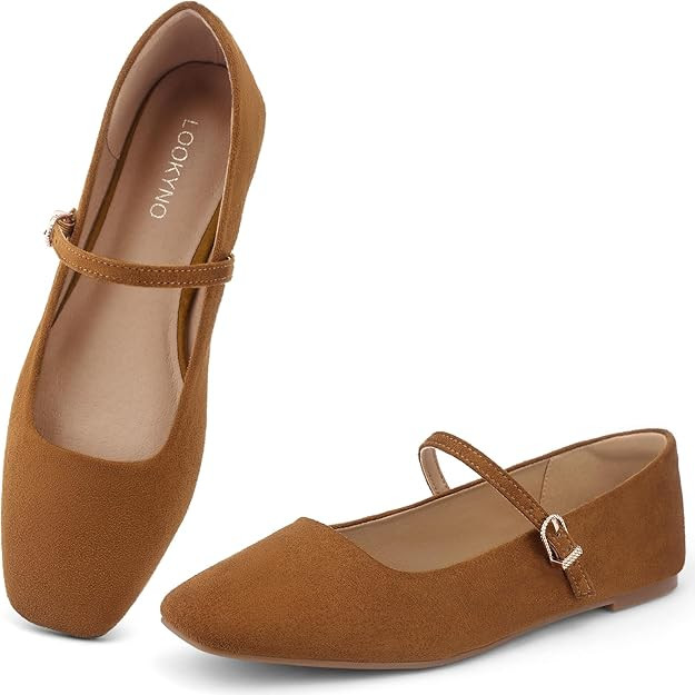 Womens Ballet Mary Jane Flats Shoes Adjustable Strap Square Closed Toe Chic Footwear with Latex I... | Amazon (US)