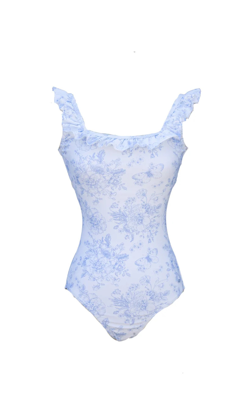 Womens Butterfly Garden Toile Ruffle One 
Piece | Morning Lavender