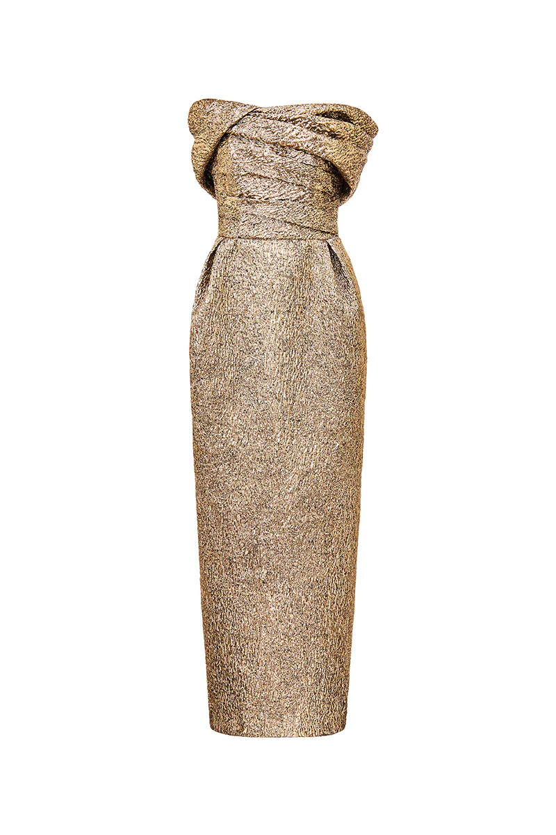 JACQUARD GOLD PLEATED OFF-SHOULDER DRESS | HACCHIC COUTURE | CULT MIA | CULT MIA UK LTD