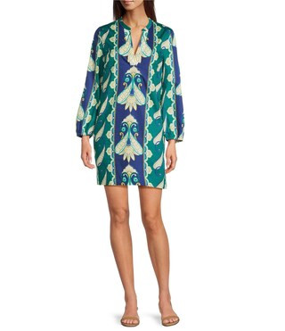Paulie Cabana Foulard Print Split V-Neck Bracelet Sleeve Shift Dress | Dillard's