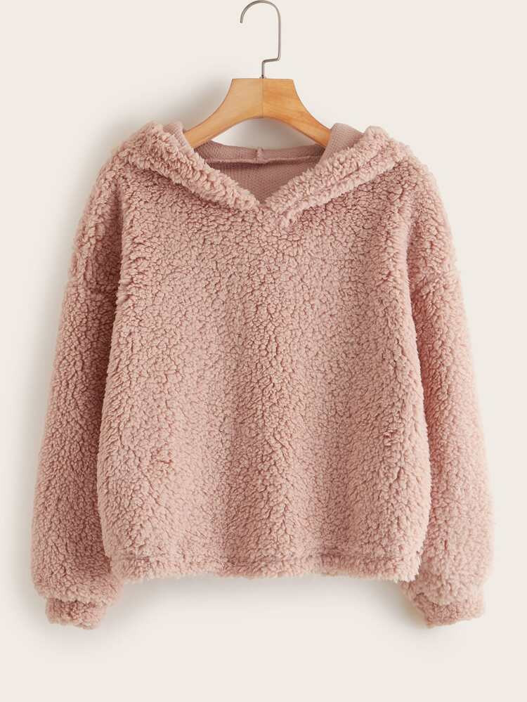Solid Drop Shoulder Teddy Hoodie | SHEIN