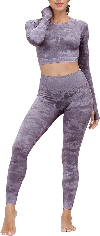 Women's Workout Outfit Set Active 2 Pieces Camo Seamless Yoga Leggings with Long Sleeves Crop Top... | Amazon (US)