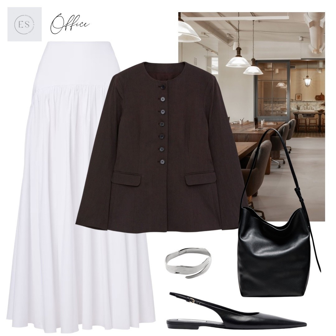 Smart casual Spring office outfit. 

White cotton poplin maxi skirt, dark brown linen collarless blazer, black leather bucket bag, black leather pointed slingback ballet flats, silver wrap cuff bracelet. 

#LTKuk #LTKspring #LTKworkwear