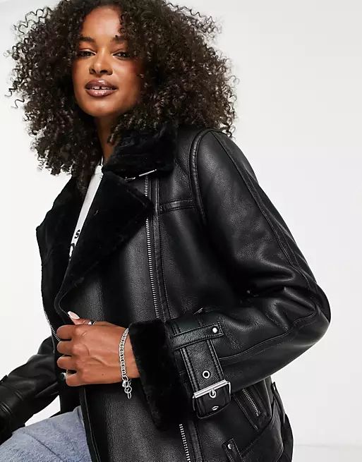 Topshop Tall faux leather shearling aviator moto jacket in black | ASOS (Global)