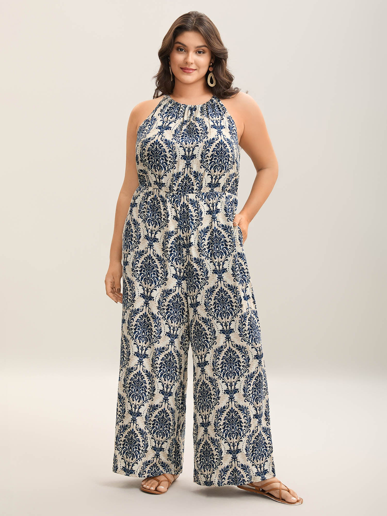 Rayon Damask Print Stretchy Waist Jumpsuit | Bloomchic