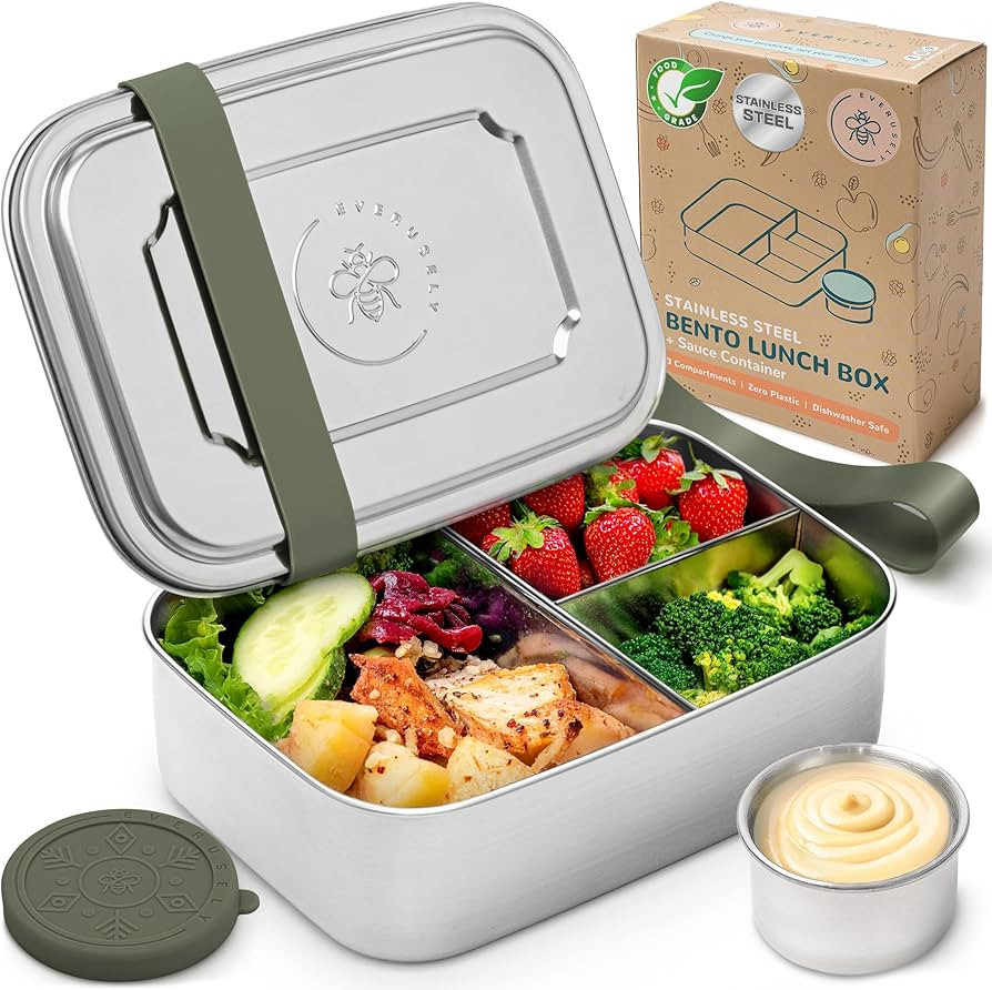 Everusely - Bento Box - Sage, 47oz / 1.4 L - Stainless Steel Lunch Box with Leakproof Condiment C... | Amazon (US)