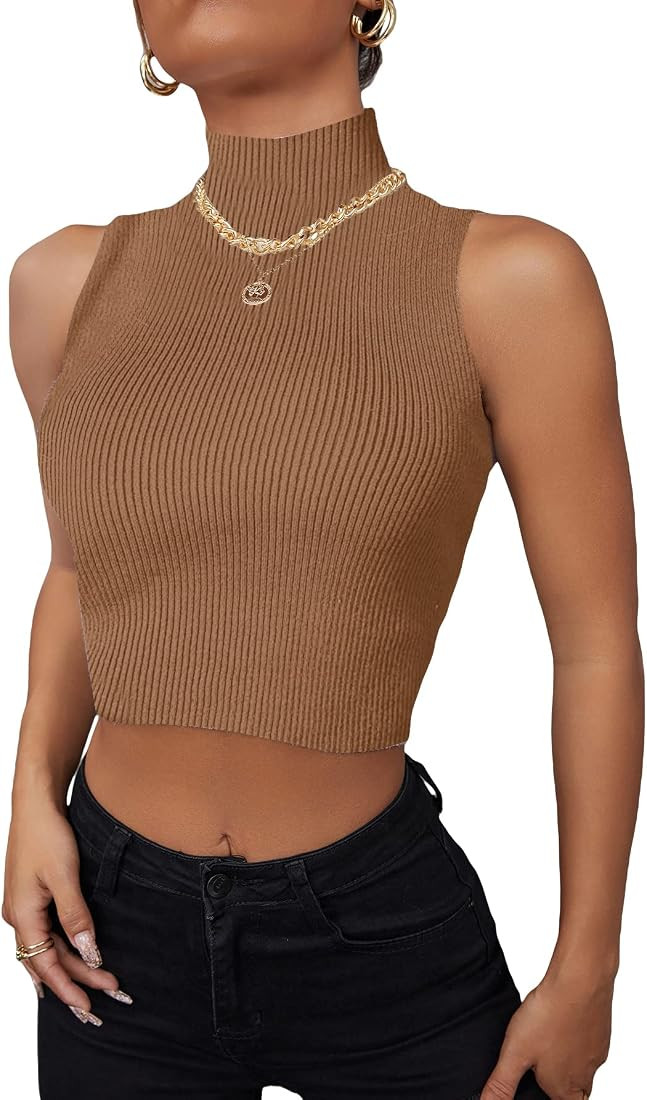 Verdusa Women's Sleeveless High Mock Neck Ribbed Fitted Solid Crop Tank Top | Amazon (US)