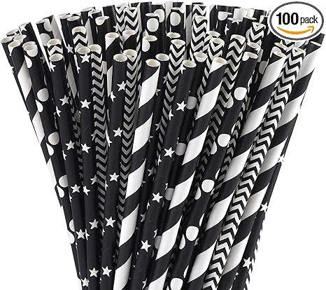 ALINK Biodegradable Black Paper Straws, 100 Stars/Dots/Stripes/Waves Drinking Straws for Juice, C... | Amazon (US)