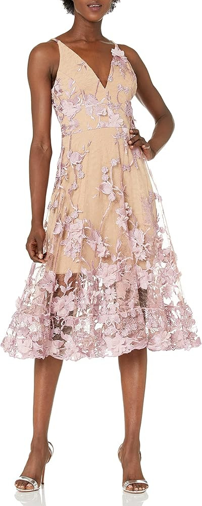 Dress the Population Women's Audrey Spaghetti Strap Midi A-line 3D Floral Dress | Amazon (US)