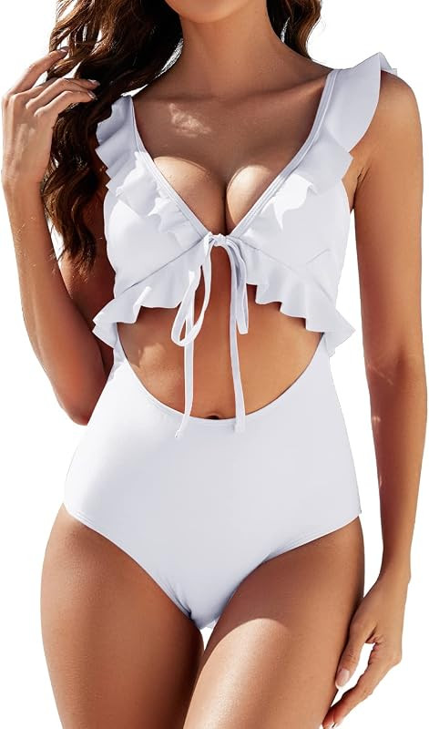 Zuvebamyo Women's Ruffle One Piece Swimsuit Sexy Cutout Monokini Tummy Control Swimwear Bathing S... | Amazon (US)