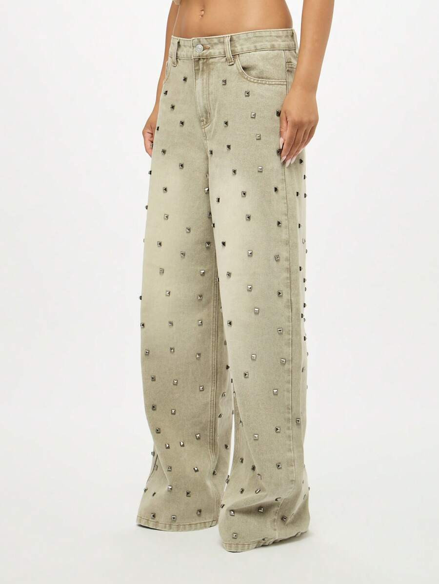 SUMWON WOMEN Studded Wide Leg Jeans Casual Palazzo Pants Low Rise Sand Wash Denim Statement Piece... | SHEIN