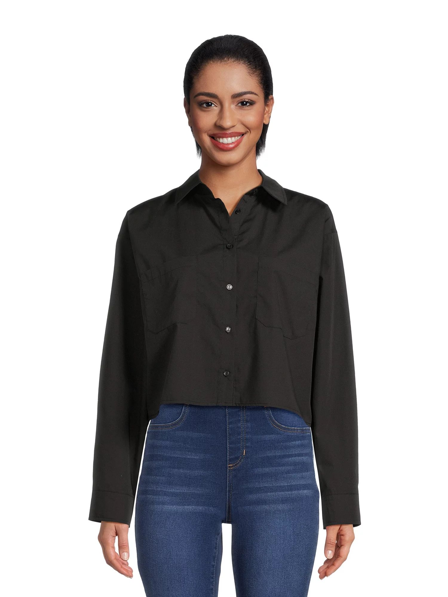 Liv & Lottie Juniors Button-Up Poplin Crop Top with Pockets, Sizes S-XL | Walmart (US)