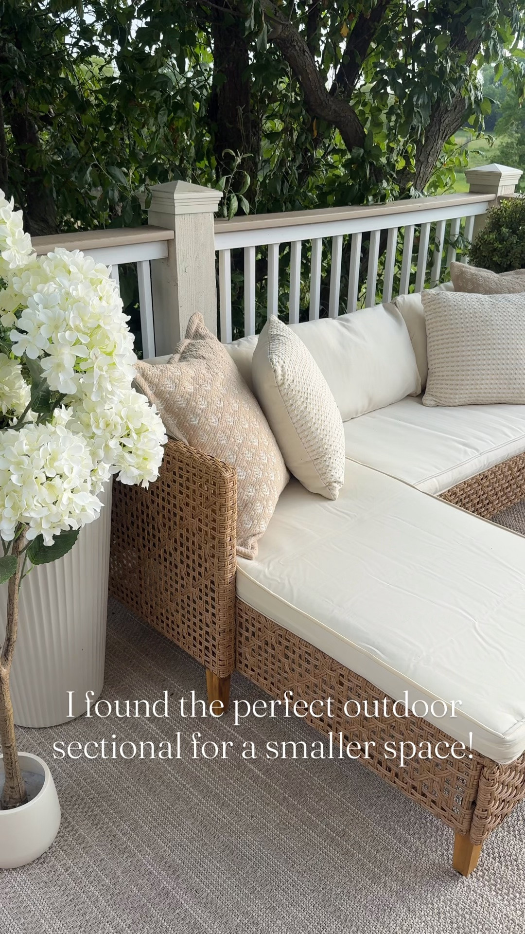 The cutest smaller outdoor sectional!

Outdoor furniture, patio furniture, outdoor rug, outdoor decor, faux outdoor flowers,
Planter