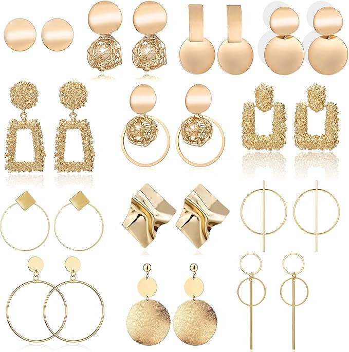 13 Pairs Statement Drop Dangle Earrings, Gold Stud Earrings for Women & Fashion Big Geometric Ear... | Amazon (US)