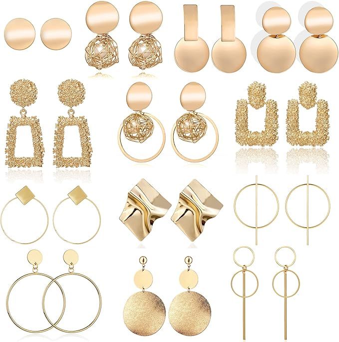 13 Pairs Statement Drop Dangle Earrings, Gold Stud Earrings for Women & Fashion Big Geometric Ear... | Amazon (US)