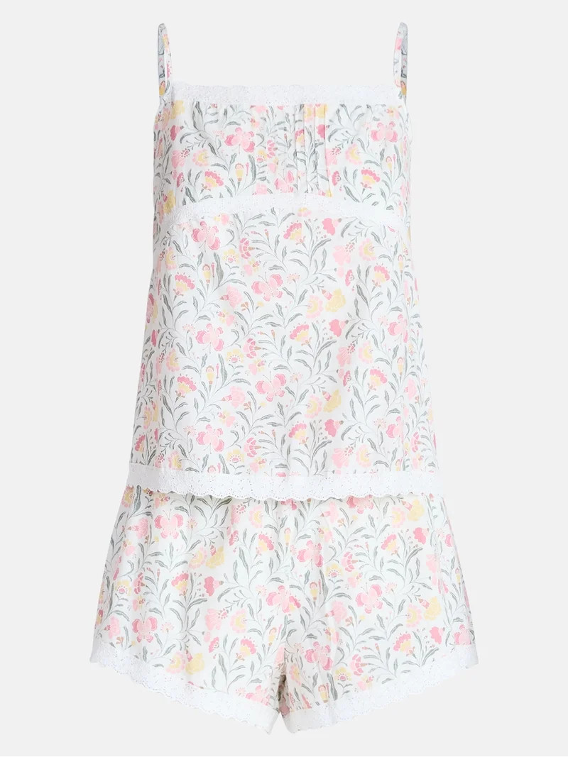 Joyspun Women's Sleep Cotton Cami and Shorts Set with Lace Trim, Sizes XS-3X | Walmart (US)