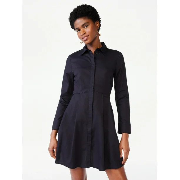 Scoop Women's Long Sleeve Fit and Flare Poplin Short Shirt Dress | Walmart (US)