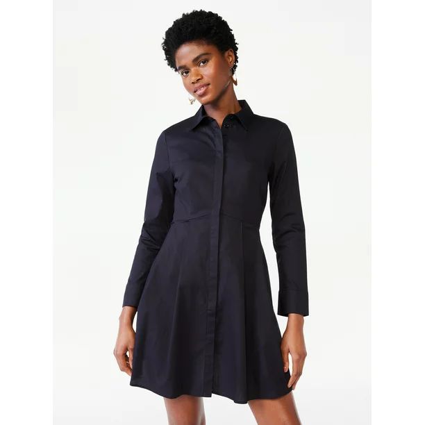 Scoop Women's Long Sleeve Fit and Flare Poplin Short Shirt Dress - Walmart.com | Walmart (US)
