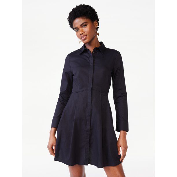 Scoop Women's Long Sleeve Fit and Flare Poplin Short Shirt Dress | Walmart (US)