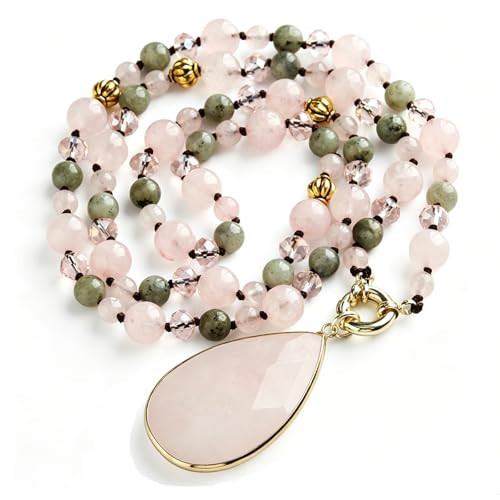 Yomisa Boho Long Pendant Necklace for Women,Pink Rose Quartz Beaded Strand | Amazon (US)