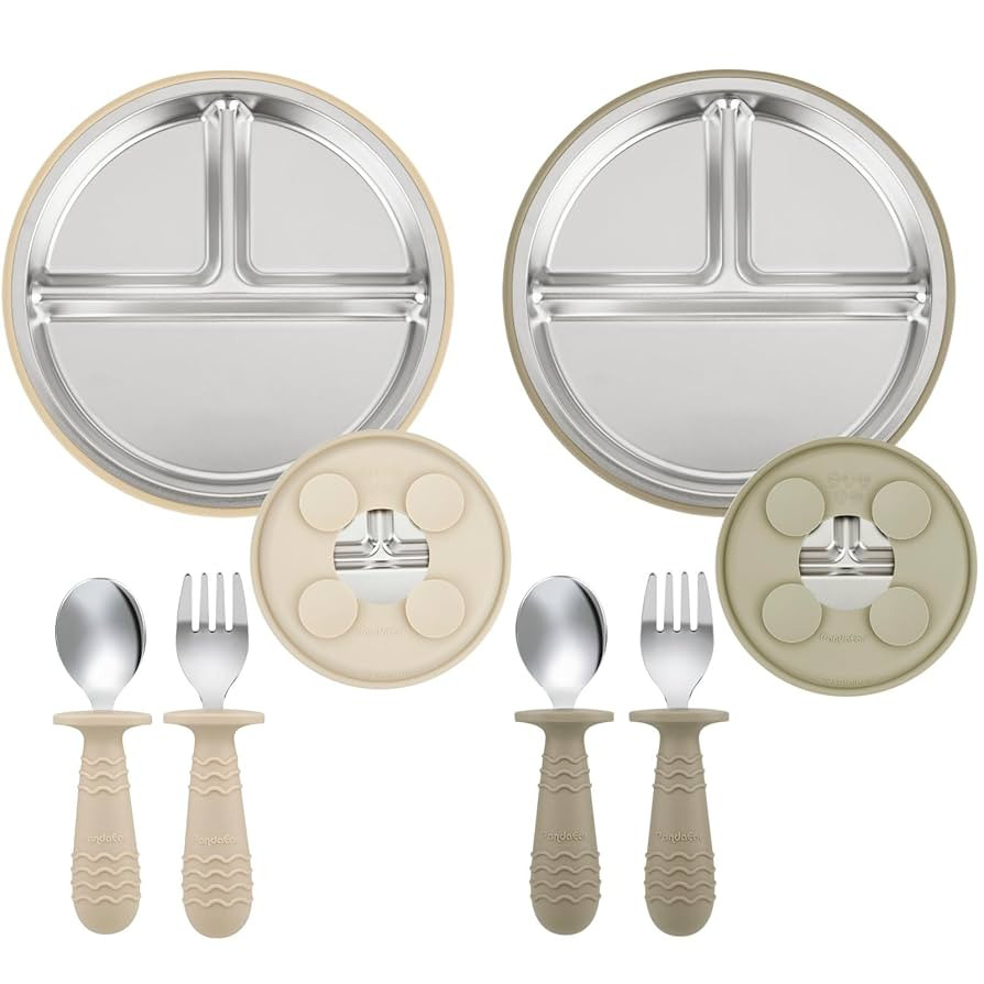 PandaEar 2 Pack Stainless Steel Baby Suction Plates & 2 Pack Spoons and Forks Set, Toddler Utensi... | Amazon (US)