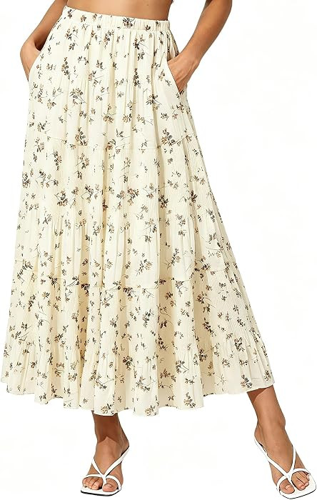 Women's Elastic High Waist Chiffon Boho Maxi Skirt with Pockets | Amazon (US)