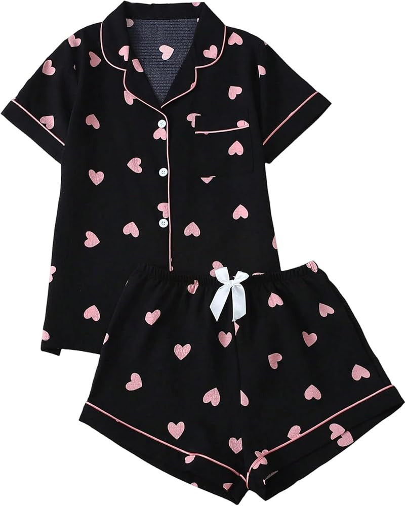 SHENHE Women's 2 Piece Pajama Set Heart Print Button Down Short Sleeve Pj Shorts Set Sleepwear | Amazon (US)