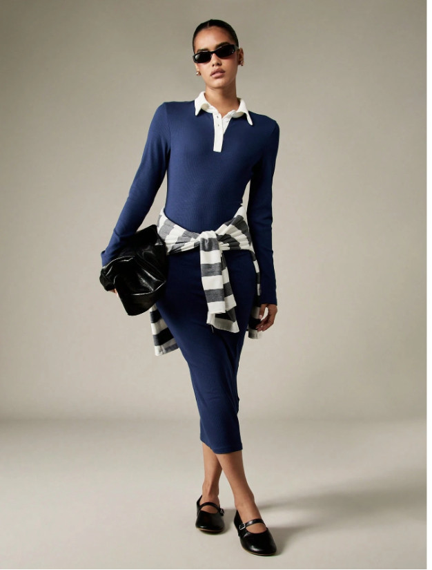 Long Sleeve Midi Bodycon Dress With Contrast Collar Office Business Professional Fall Winter Ribbed Knit Elegant Workwear 

 #LTKootd #LTKPetite #LTKTall