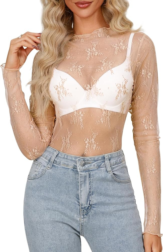 Diosun Womens Mesh Sheer Tops Long/Short Sleeve Mock Neck Sexy See Through Shirts Lace Floral Blo... | Amazon (US)