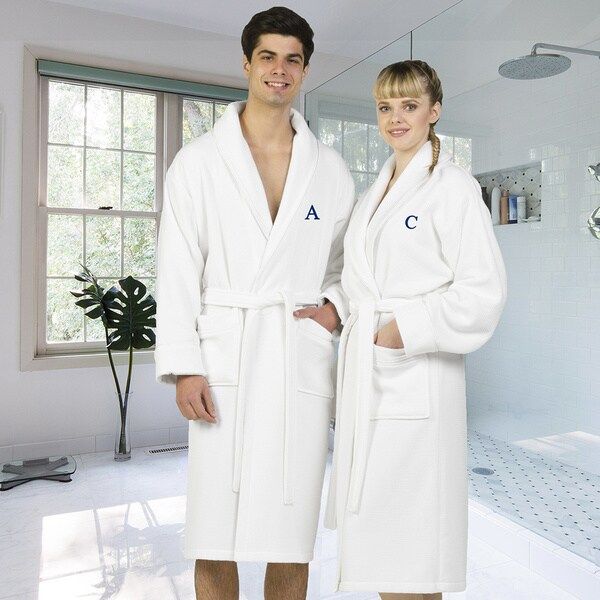 Authentic Hotel and Spa White Unisex Turkish Cotton Waffle Weave Terry Bath Robe with Navy Block Monogram | Bed Bath & Beyond