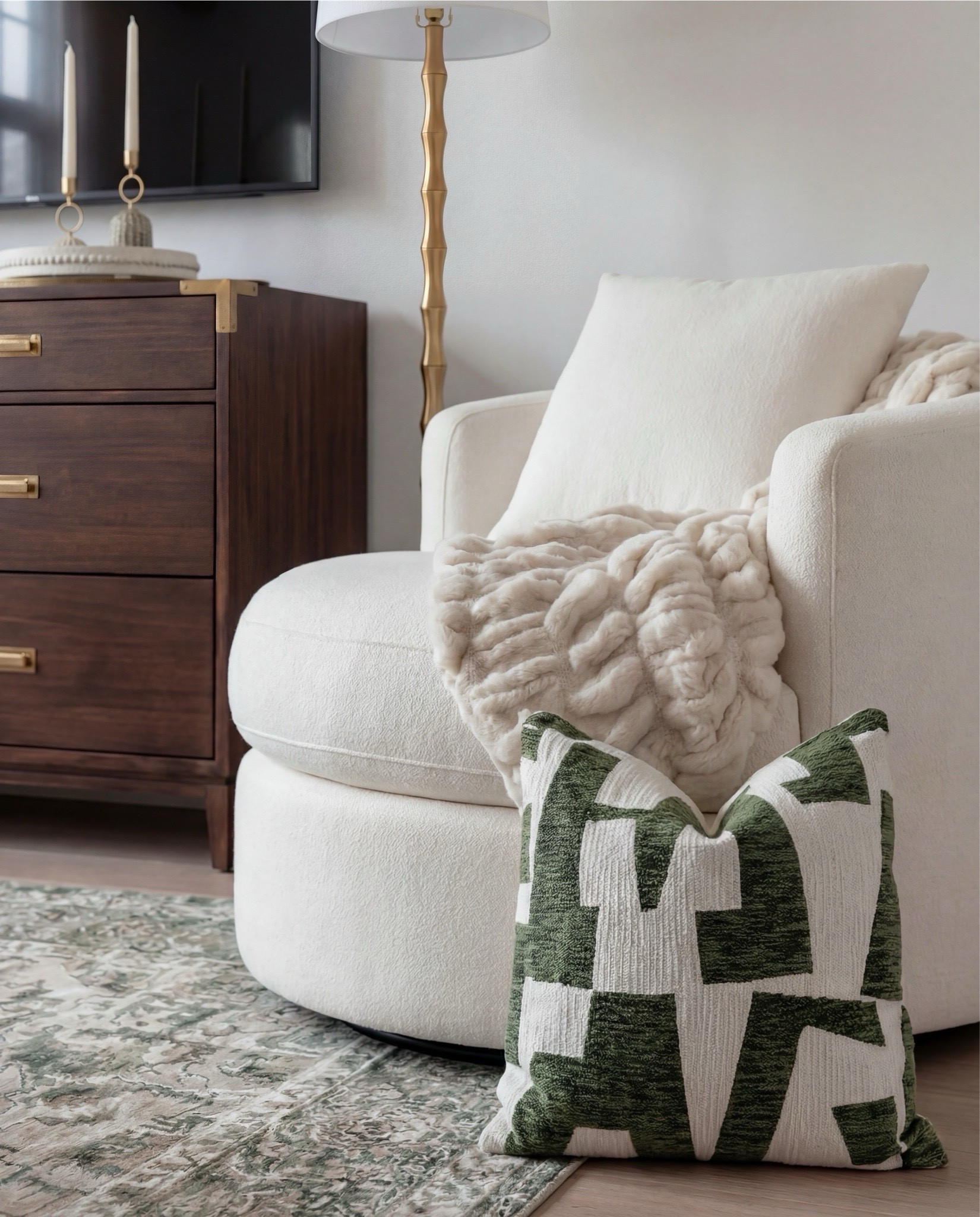 Shop the Look:
• White upholstered arched headboard bed
• White cotton duvet cover + pillow shams
• Green vintage-style area rug (distressed pattern)
• Brown chunky knit throw blanket
• Dark wood nightstands with cane doors
• White ceramic table lamp (round base)
• Brass wall sconces with glass shades
• Organic shape gold wall mirrors
• Black and beige abstract framed wall art
• Green geometric throw pillows
• Upholstered brown bench (channel tufted)
• Dark wood dresser with brass pulls
• Round ivory accent chair
• Cream throw blanket (soft knit texture)
• Tall brass floor lamp with white shade
• Decorative book stack (neutral tones)
• Small wood decorative box
• Brass round tray
• White pedestal decorative bowl
• Marble candle holders with brass rings
• Taper candles (ivory)
• Large ceramic vase with dried stems

#LTKHome #LTKSaleAlert