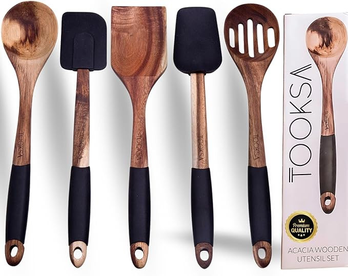 TOOKSA- Premium 5 Piece Acacia Multi-Toned Light and Dark Wooden Spoon, Turner and Spatula Utensi... | Amazon (US)