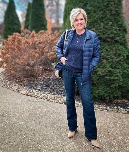 Womens navy cable knit sweater comes in several colors! Amazon puffer coat comes in several colors too. Talbots dark wash jeans and pointed toe ankle boots. 

#LTKstyletip #LTKSeasonal #LTKworkwear