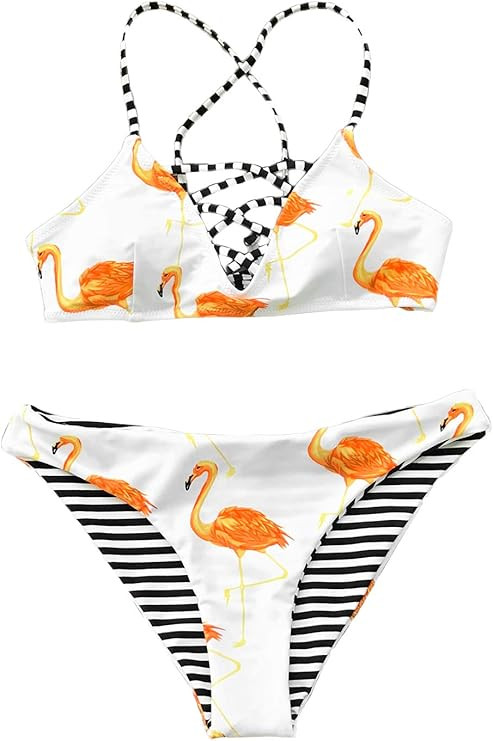 CUPSHE Women's Stripe Printing Strappy Cross Padding Bikini Set Beach Swimwear Bathing Suit | Amazon (US)