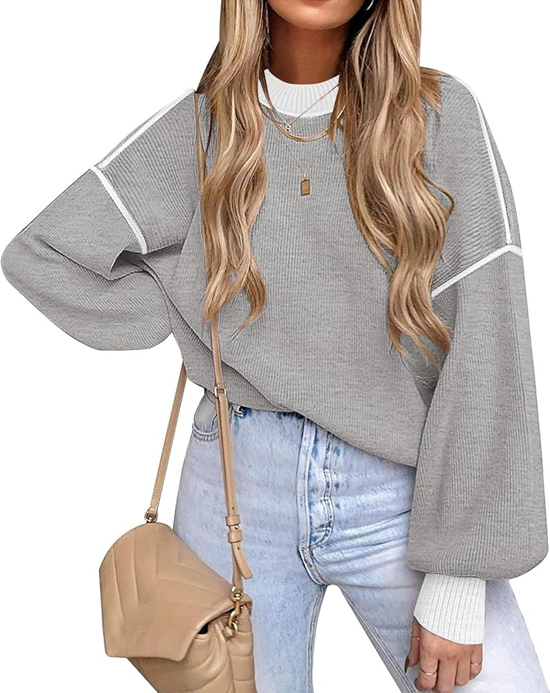 ETCYY Womens Sweaters Fall 2025 Batwing Long Sleeve Side Slit Knit Tops Crew Neck Striped Oversiz... | Amazon (US)