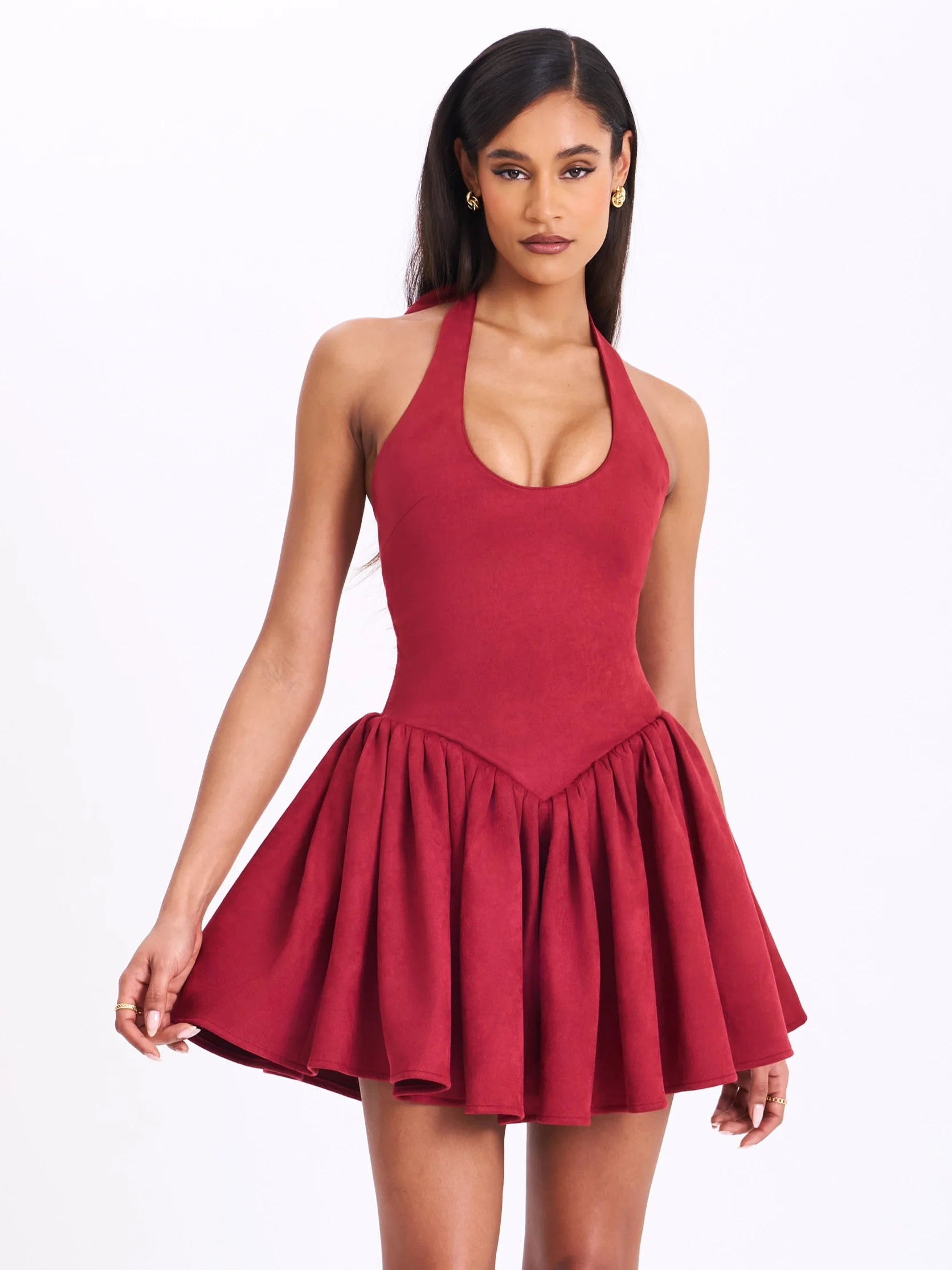 Hadara Burgundy Suede Halter Mini Full Dress | Miss Circle