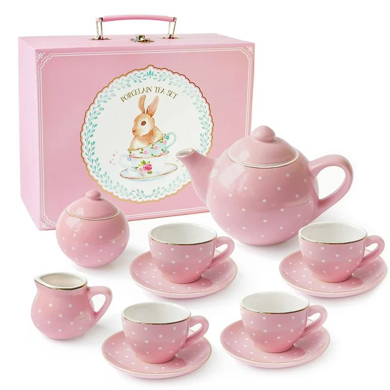 Jewelkeeper Porcelain Tea Set for Little Girls, Pink Polka Dot, 13 Pieces - Walmart.com | Walmart (US)