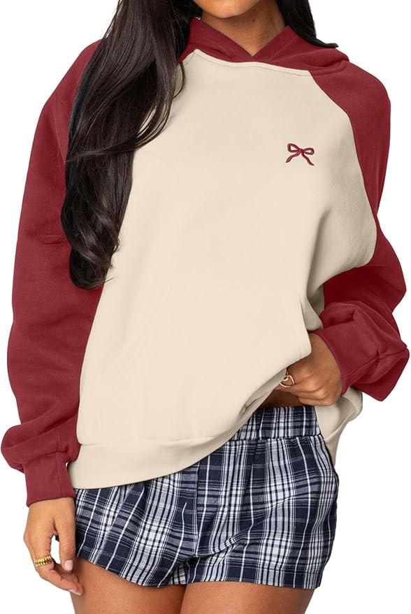 Ythomm Womens Bow Graphic Hoodie Color Block Oversized Pullover Sweatshirts Fall Winter Loose Fit... | Amazon (US)