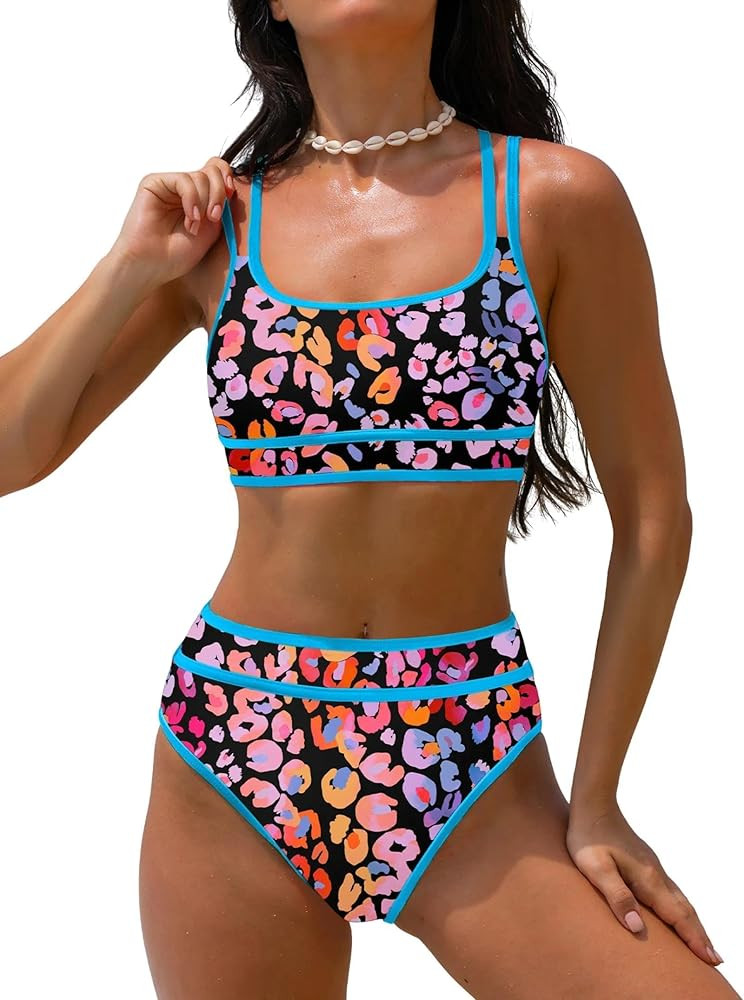 popvil Women's High Waisted Bikini Sets Neon Two Piece 2026 Swimsuit Sporty Adjustable Straps Bat... | Amazon (US)