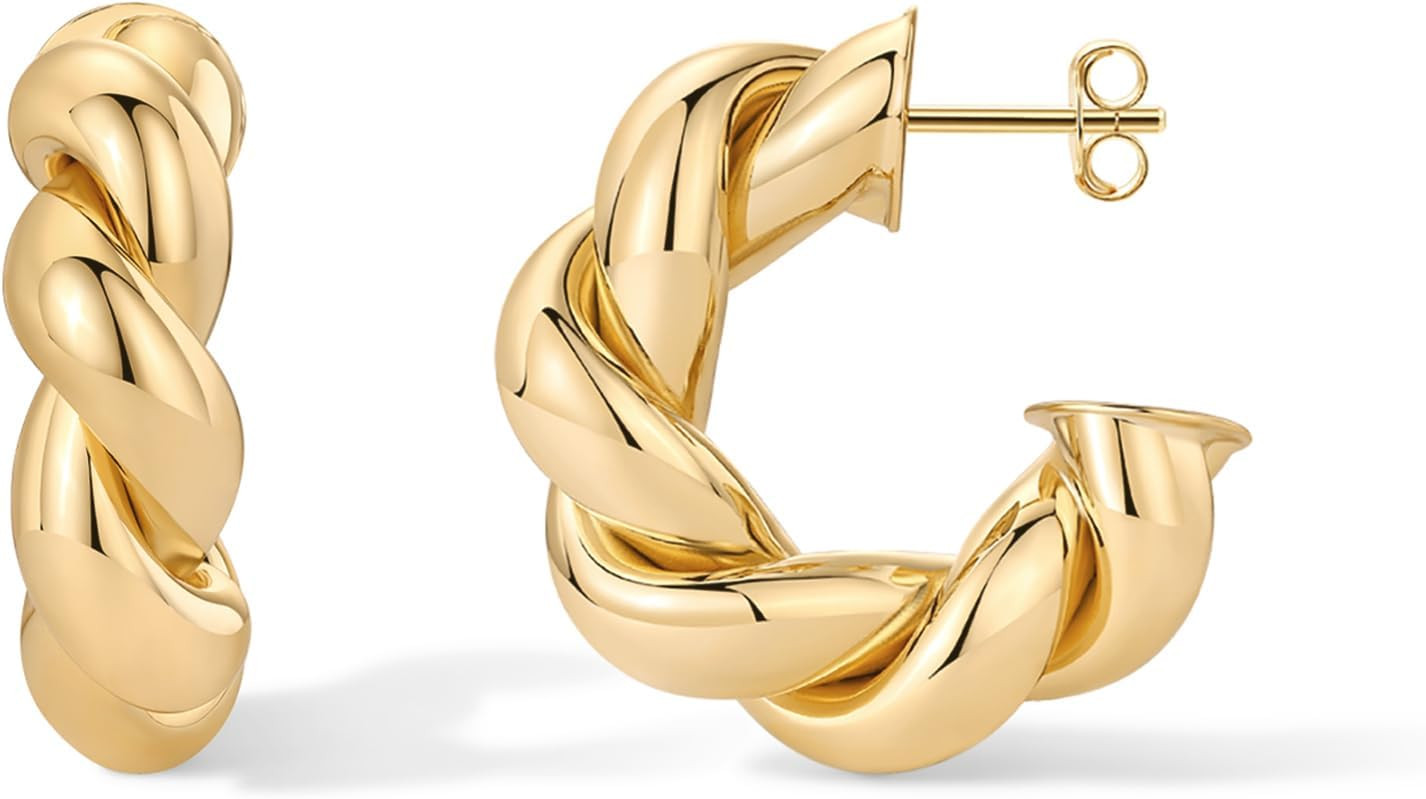PAVOI 14K Yellow Gold Plated Chunky Twisted Puffed Rope Hoop Earrings for Women - Gold Earring Pair | Amazon (US)