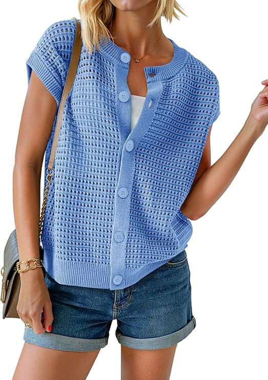 Saodimallsu Womens Short Cap Sleeve Sweater Vest Crochet Button Down Cardigans Crew Neck Summer K... | Amazon (US)