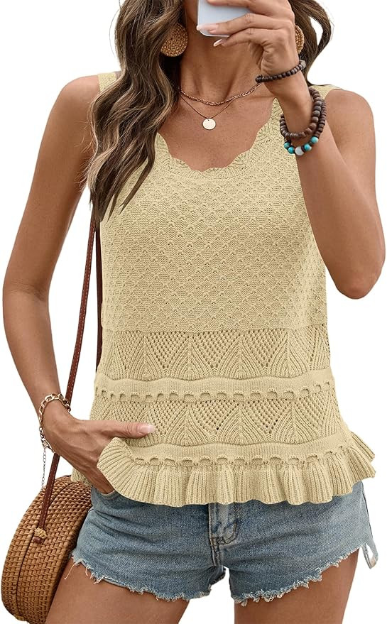 LOMON Sweater Vest Crochet Tops for Women Casual Cute Ruffle Hem Boho Knit Crop Tank Tops Sleevel... | Amazon (US)