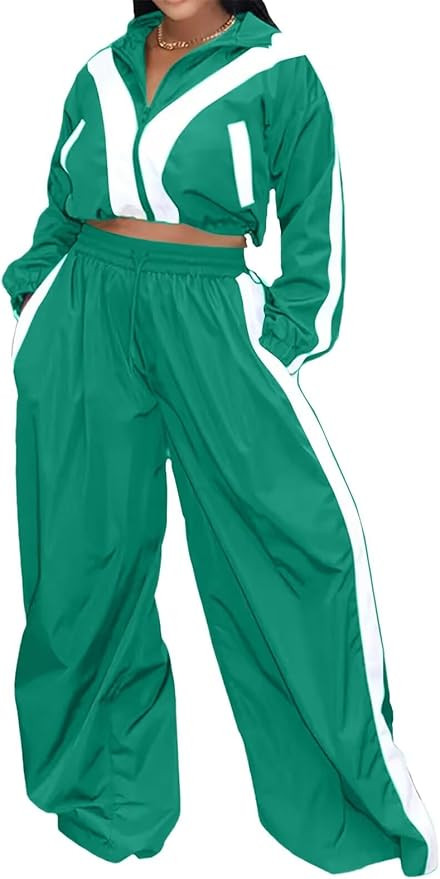 Women Striped 2 Piece Outfits Fall Workout Sets Windbreaker Tracksuit Crop Jacket Wide Leg Pants ... | Amazon (US)