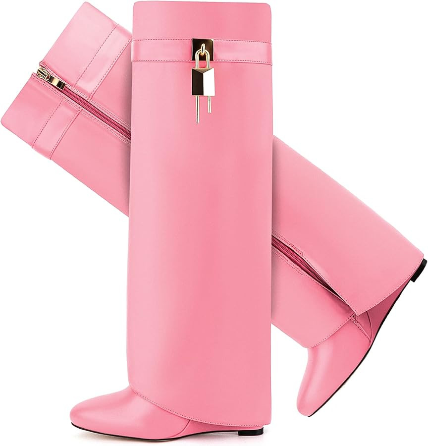 CDHYX Fold Over Boots for Women Pointy Pull-on Wedge Heel Knee Shark Boot With Side Zipper Padloc... | Amazon (US)