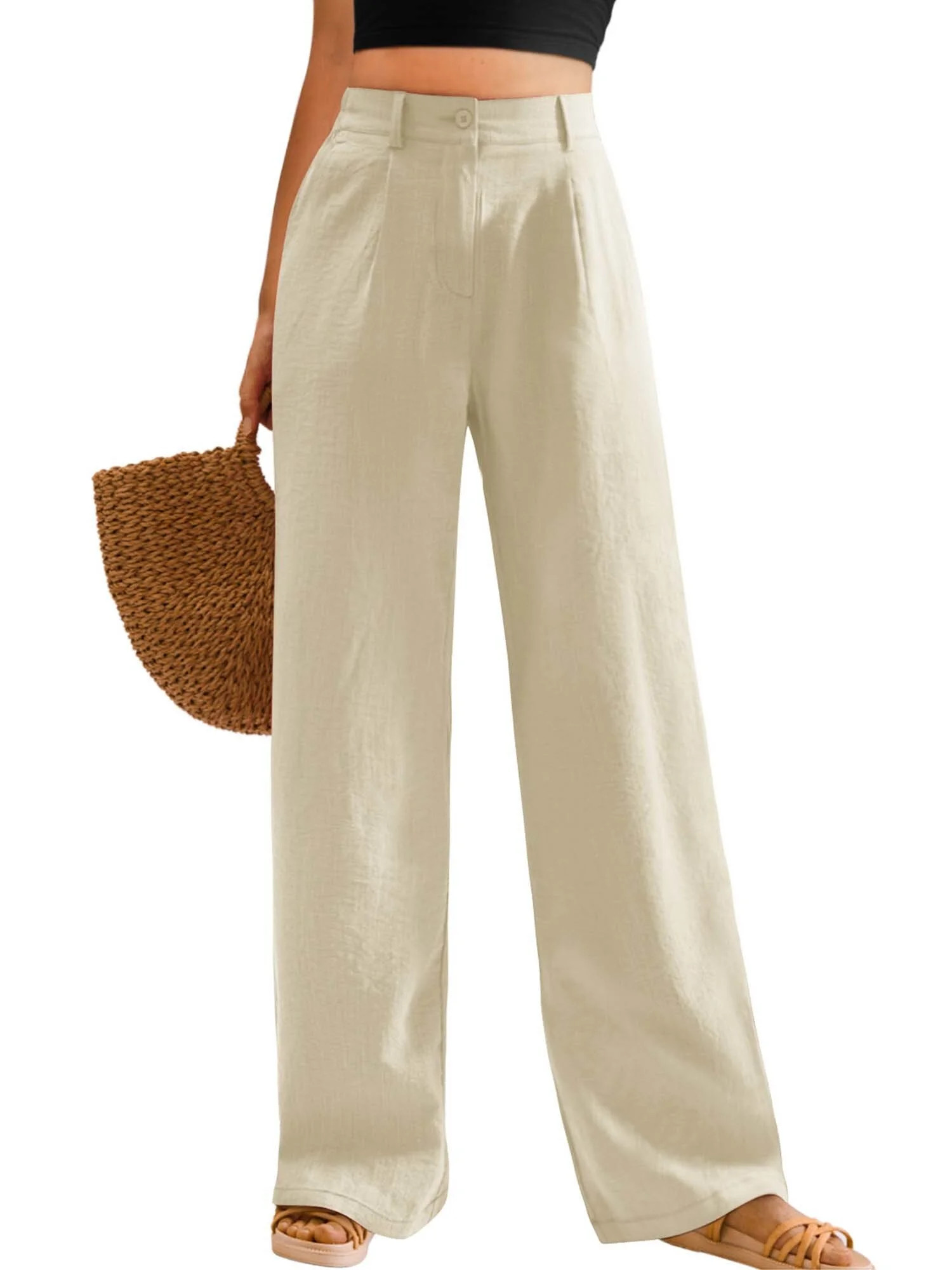 Womens Casual Wide Leg Pants High Waisted Button Down Straight Long Trousers Palazzo Pants | Walmart (US)