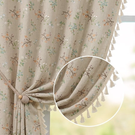 Lipa Farmhouse Floral Linen Curtains for Bedroom Living Room,Semi-Blackout Rod Pocket Curtains,Beige,52" x 84" | Walmart (US)