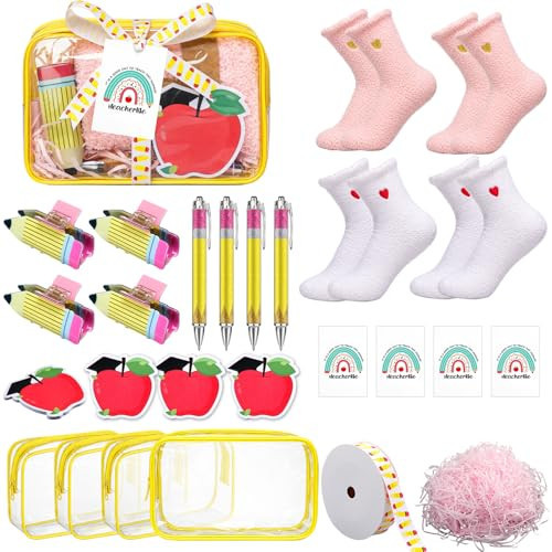 Janinka 26 Pcs Teacher Appreciation Gifts Bulk Thank You Teacher Gift Set Makeup Bags Pens Hair Clip Sticky Notes Sock Thank You Card Ribbon Raffia for Mentor Lecturer Counselor Educator | Amazon (US)