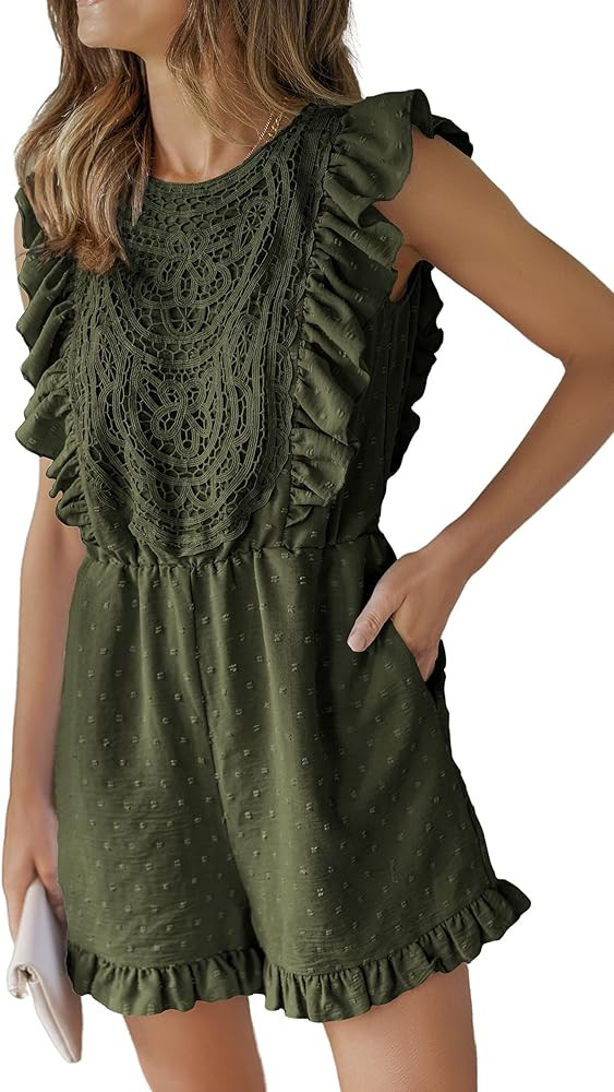 Angashion Womens Rompers 2023 Dressy Summer Casual Embroidery Lace Print One Piece Outfit Ruffle ... | Amazon (US)