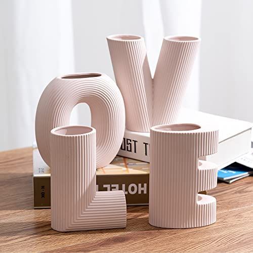 KingZiYu-Love Sign , Set of 4 Pink Ceramic Decorative Small Flower Vases for Farmhouse Decorations , | Amazon (US)
