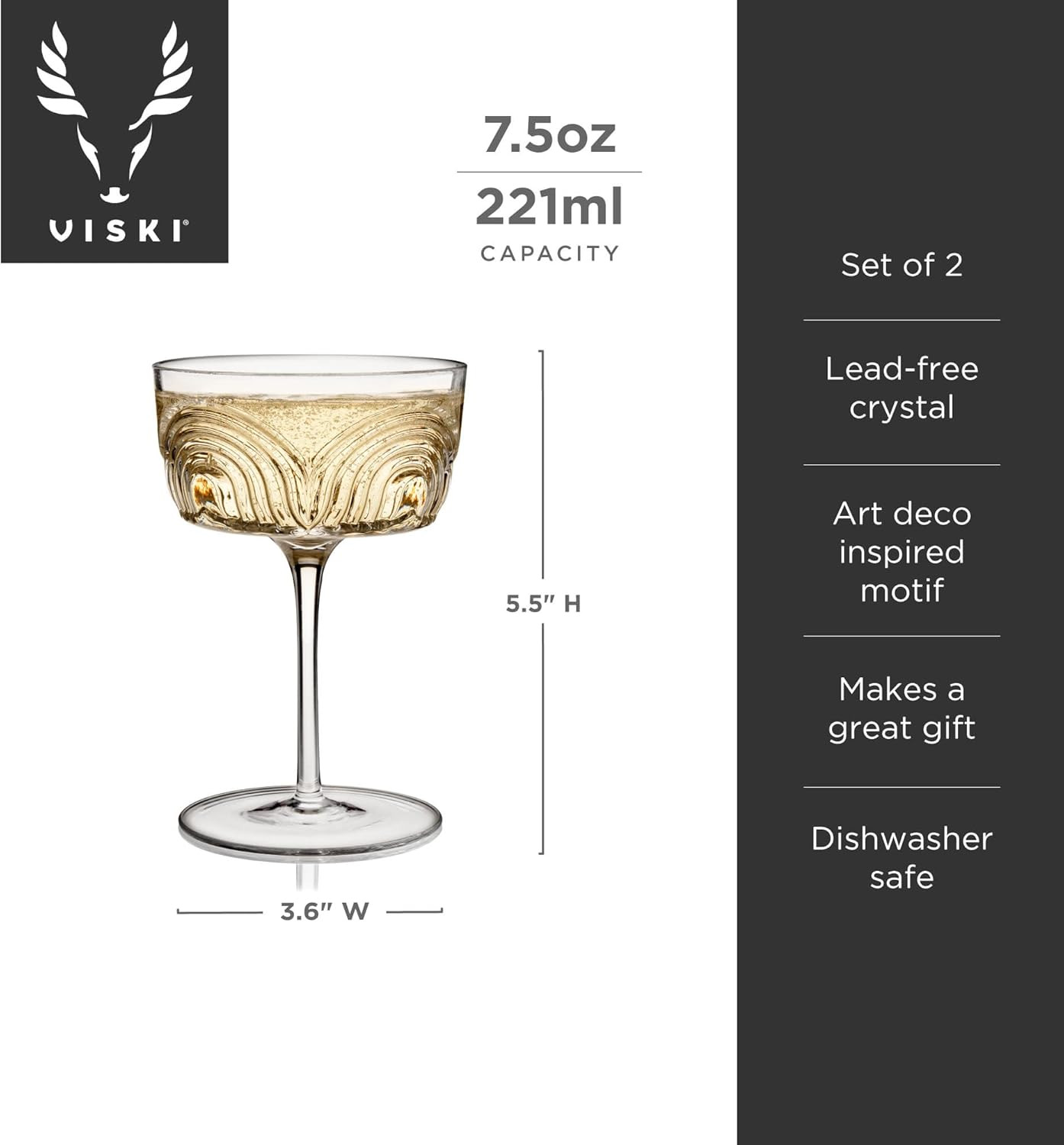 Viski Beau Cocktail Coupe Glasses, Unique Cocktail Glasses Crystal Drinkware, 7.5oz. Cocktail Gla... | Amazon (US)